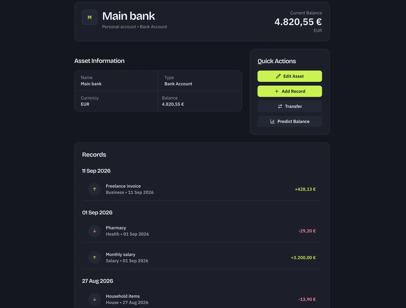 Rinalance asset detail page for a bank account with quick actions and a dated list of records