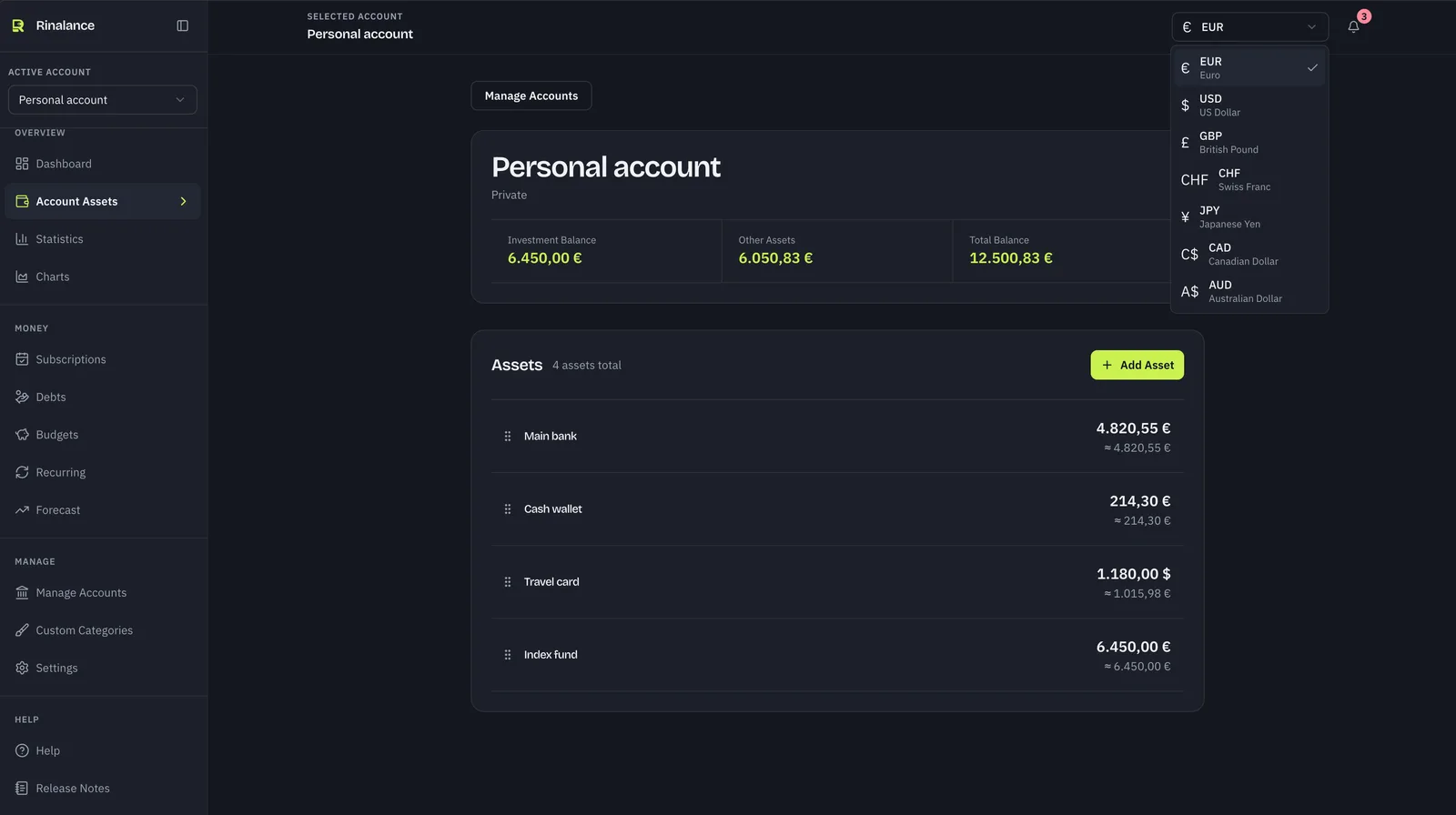 Rinalance account assets view listing a bank account, cash wallet, travel card, and index fund with the currency selector open